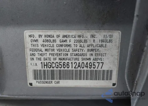 2002 Honda Accord 2.3 Ex from USA, damaged, VIN 1HGCG56612A049577